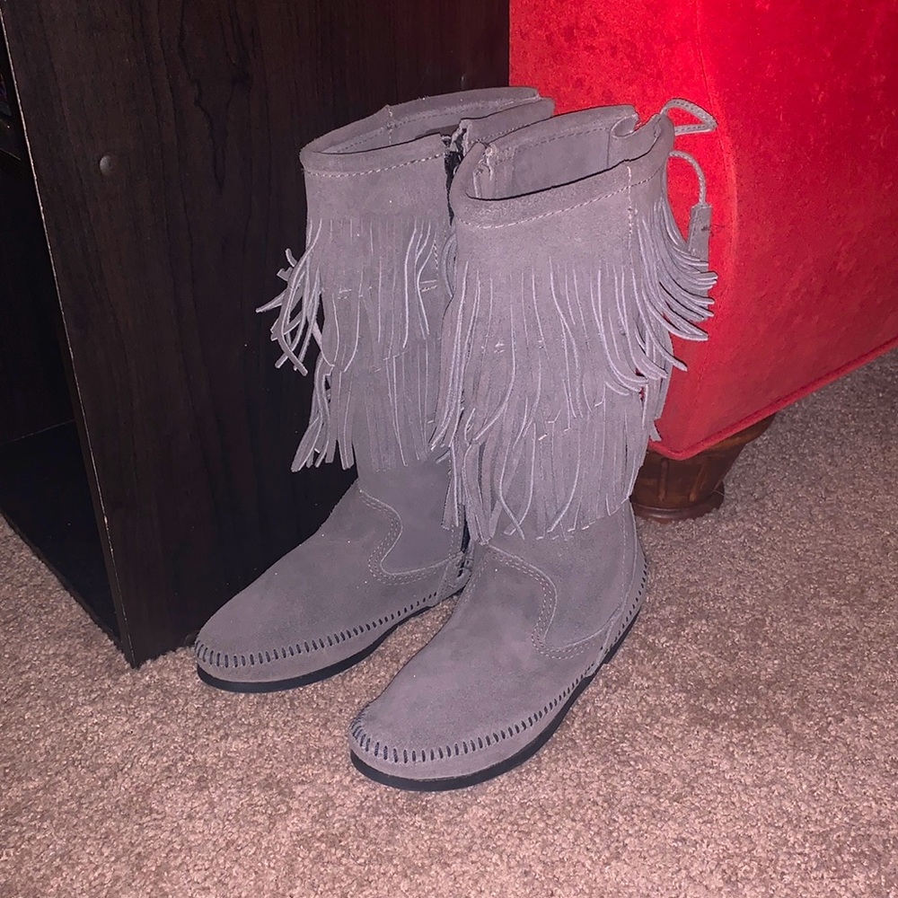 Minnetonka Grey Two-Layer Fringe Suede Boots
